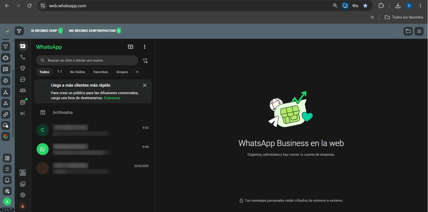 Vista real de NIXCRM Extensión Local en WhatsApp Web
